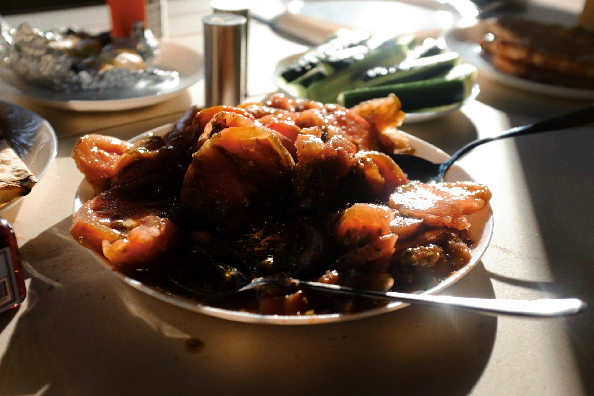 A bowl full of food sitting on a table